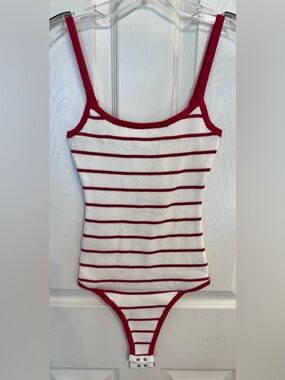 Women’s Red & White Striped Ribbed Tank Bodysuit by needii Size M Soft!